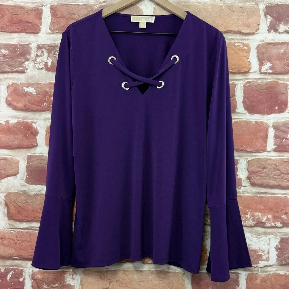 Michael Kors Top Women's XL Purple Lace Up Bell Sleeve Casual Stretchy Shirt - Picture 1 of 8